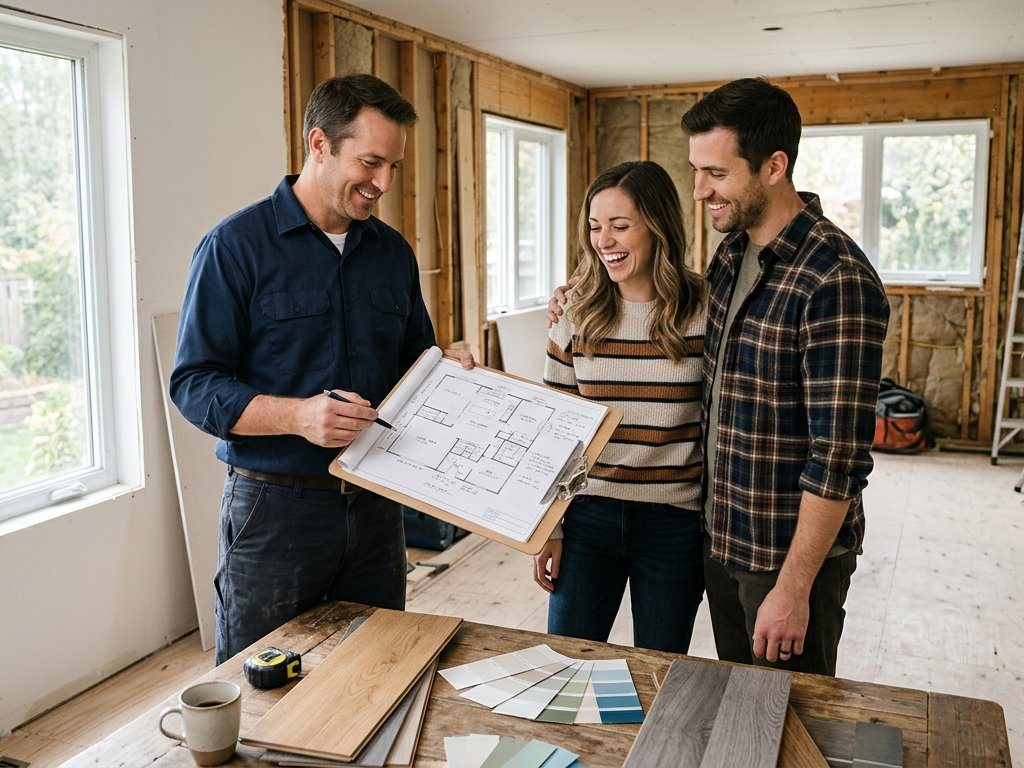 The Living Roots Home team reviewing renovation plans with a homeowner