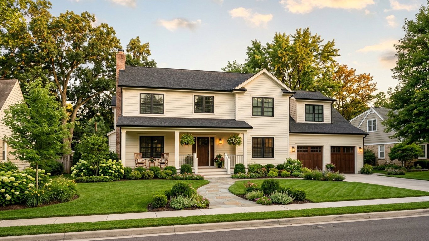 A renovated family home with fresh siding, a welcoming porch and a landscaped front garden